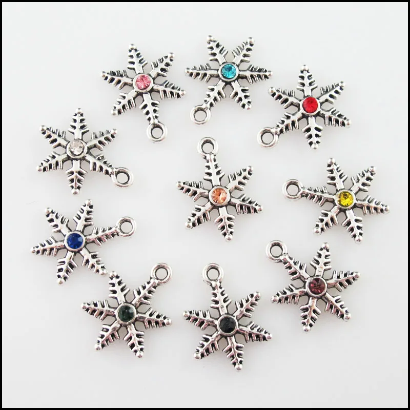 Fashion 30Pcs Mixed Crystal Tibetan Silver Plated Snowflake Flower Charms Pendants 13.5x18mm