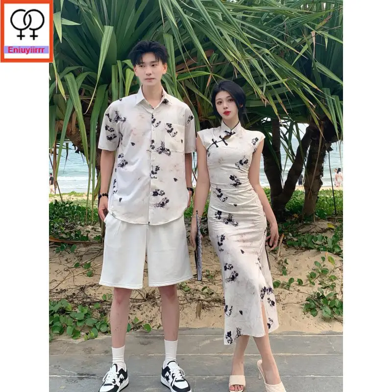 QiPao Cheongsam Dresses New 2025 Summer Sleeveless Cute Honeymoon Date Women Flower Pencil Split Slit Couple Clothes Shirt Dress