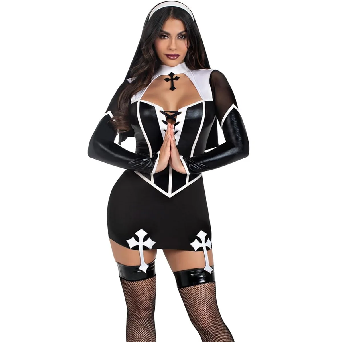 Halloween Women Faux Leather Costume Cosplay PU Night Club Nun Maid Long Sleeves Hollow Out Tops Short Skirt With Turban Uniform