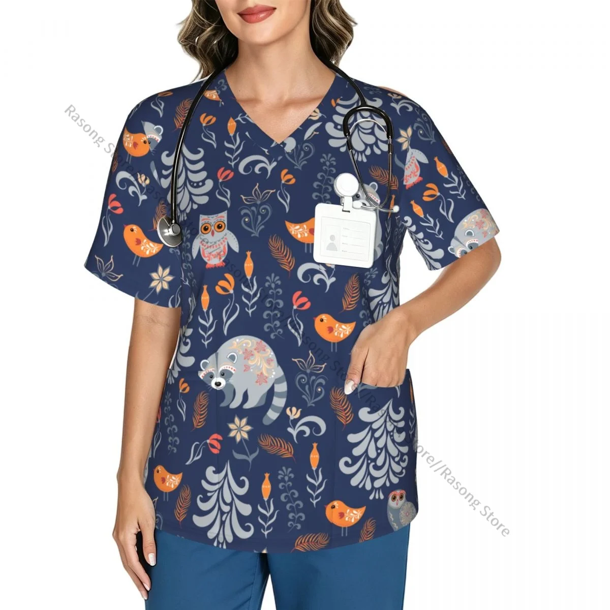 Autumn Forest Raccoons Owls And Rabbits Scrubs tops medical uniforms women V Neck Stretch Scrub Shirt Dentist doctor Blouse
