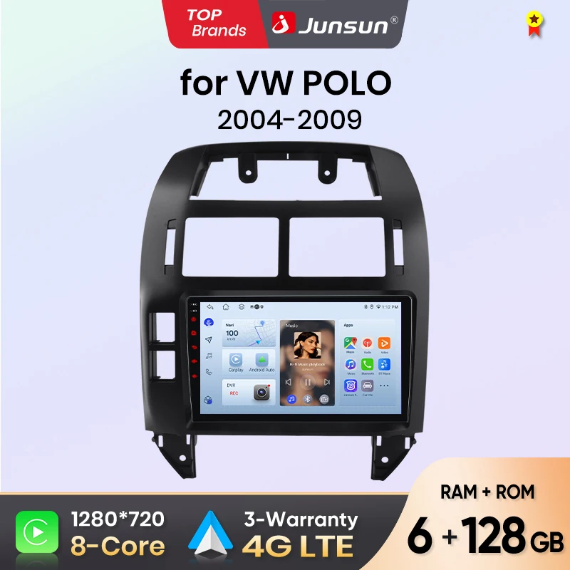 Radio para Auto Junsun para VW Volkswagen Polo Mk4 2001 2002-2011, CarPlay, Android Auto, FM, RDS, DSP, BT, GPS, Navegador, SWC, Pantalla Táctil HD IPS, Reproductor Multimedia Plug & Play, Llamadas Manos Libres, Unidad Principal con Estilo Original del Auto 1