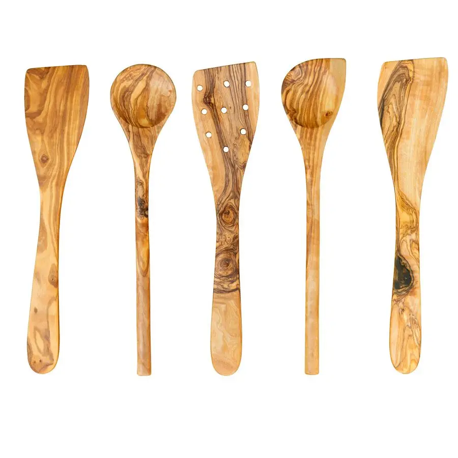

Olive Wood Utensil Set 5 Piece Spatula and Spoon Wooden Cooking Tools, 12 Inch Long, Rustic Hand Made with Gift Box