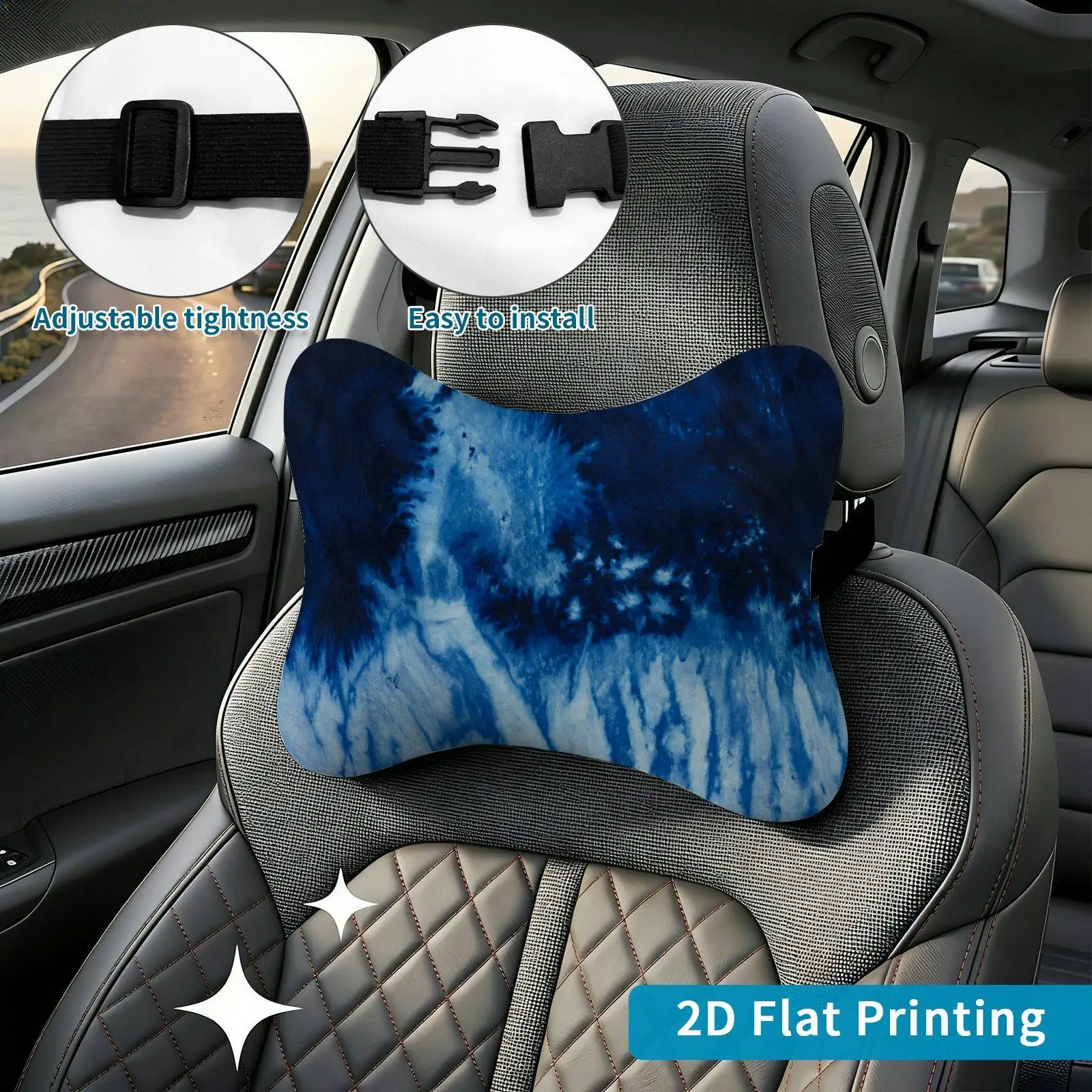 2pcs Blue Tie-Dye Abstract Pattern Car Seat Headrest, Neck Support Cushion, Suitable For All Seasons Of Car Additions, Ocean The