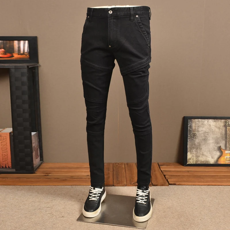 Street Fashion Men Jeans High Quality Black Stretch Slim Fit Spliced Designer Biker Jeans Homme Patched Hip Hop Denim Pants Men