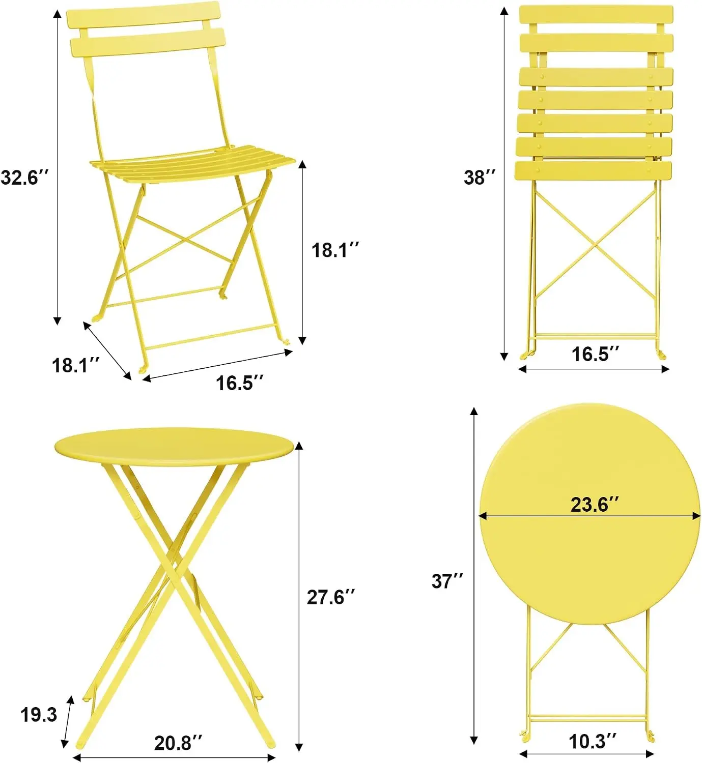 Folding Bistro Set for 2, 3-Piece Outdoor Patio Furniture with x-Brace Steel Frame, Weather-Resistant Bistro Table and Chairs for Balcony Garden Cafe, No Assembly Yellow