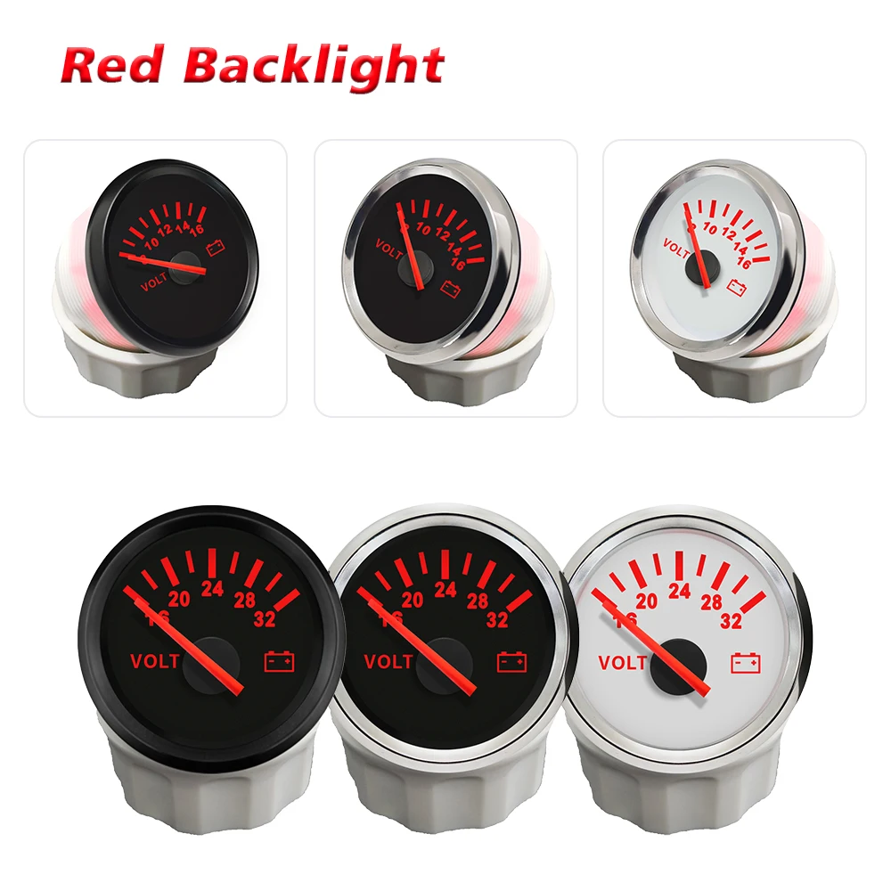 Rhaxel 52mm Voltmeter 8-16V 16-32V Volt Gauge With Red Backlight for Cars Motorcycles Trucks Vessels