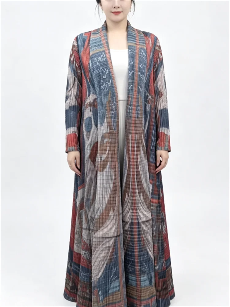 Miyake Women Vintage Print Pleated Long Cardigan Open Front Long Sleeve Loose Maxi Outerwear