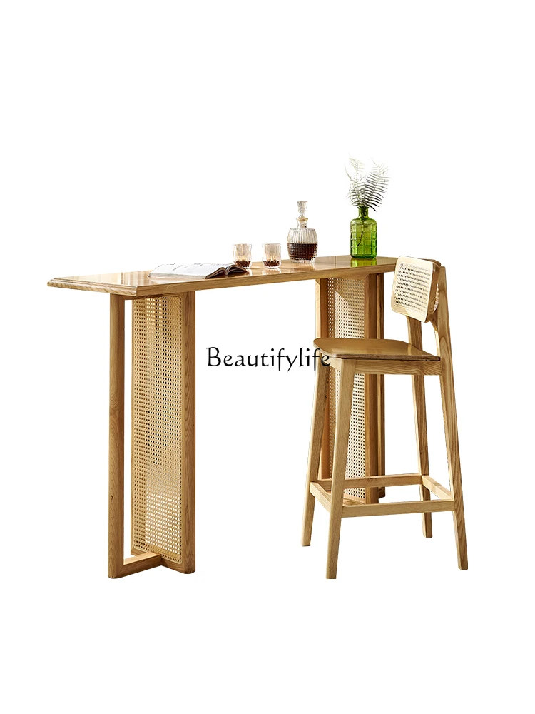 

Nordic Bar Stool Modern Simple Home Backrest Front Desk Reception Solid Wood Rattan Bar Stool