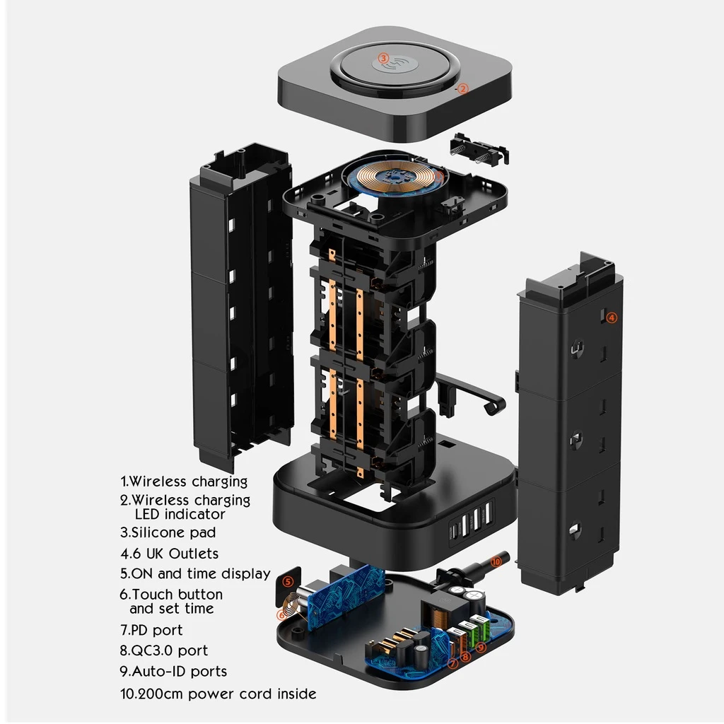 Imagem -04 - Torre de Soquete de Extensão do Poder do Reino Unido Usb c Pd30w Qc3.0 Carregador Wirless Soquete Trailing Protetor contra Surtos Cingapura Plug