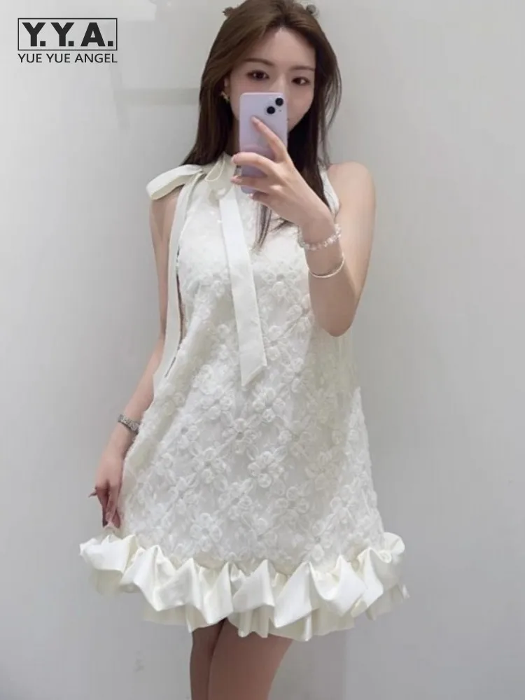 甘い女性フリルスプライシングレース花ノースリーブタンクドレスちょう結びエレガントな夏のパーティーフレンチスタイルの女性 A ラインショートドレス