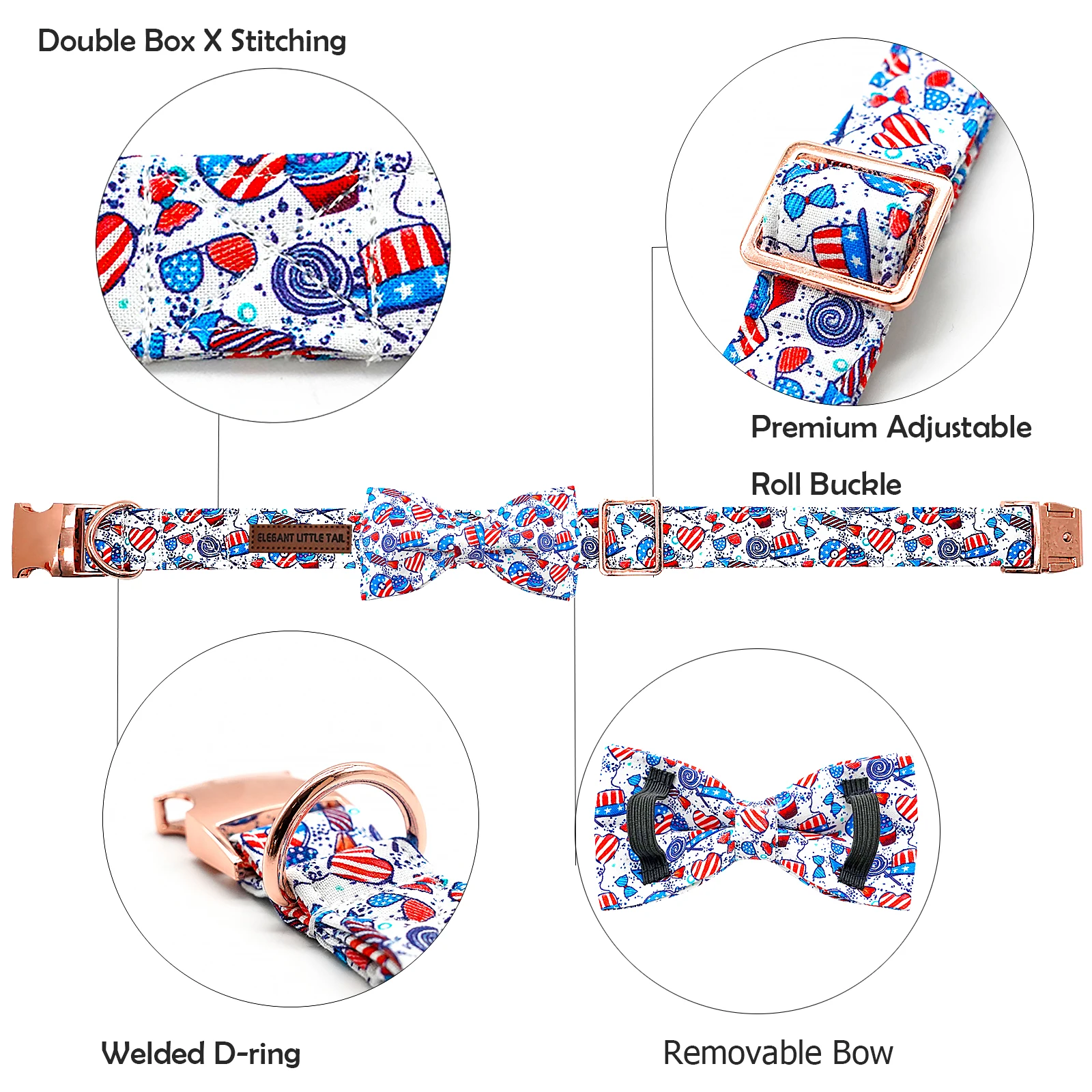 American Flag Dog Collar 4 of July Dog Bow Collar Heavy Duty Adjustable Patriotic Dog Collar with Bowtie for Small Dogs Pet