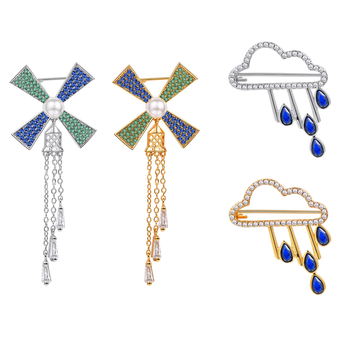 Blue Green White Cz Windmill with Chain Tassels Clouds & Raindrops Brooches for Woman Dainty Chic Jewelry Accessory Gift for Her