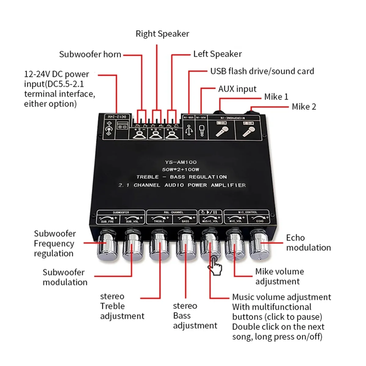 YS-AM100 KTV Placa Amplificadora Bluetooth de Alta Potência, Microfone Som All-In-One 2.1 Canais, TPA3116D2