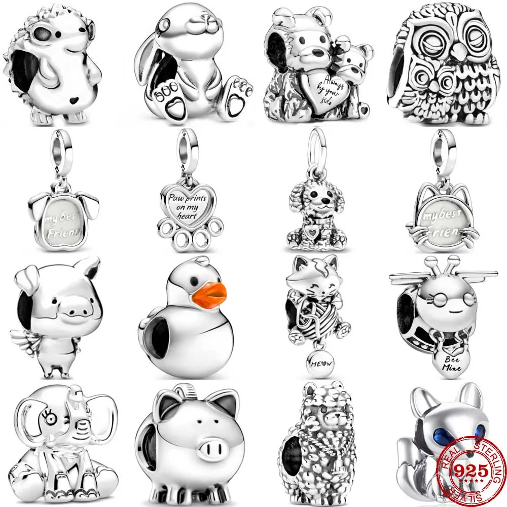 Breloques en argent regardé 925 pour bracelet Pandora, perle de bricolage, chaton, canard, cochons, éléphant, perle pendante, convient au bracelet Pandora original, bijoux fantaisie