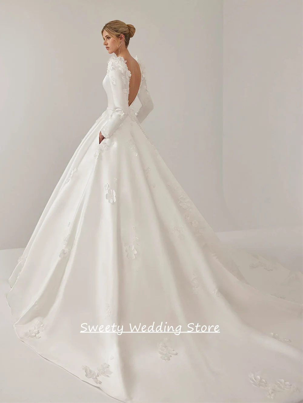 Flowers Wedding Dresses for Woman Customized Deep V Neck Long Sleeve Beading Belt A Line Sweep Train Vestido Bridal Gown
