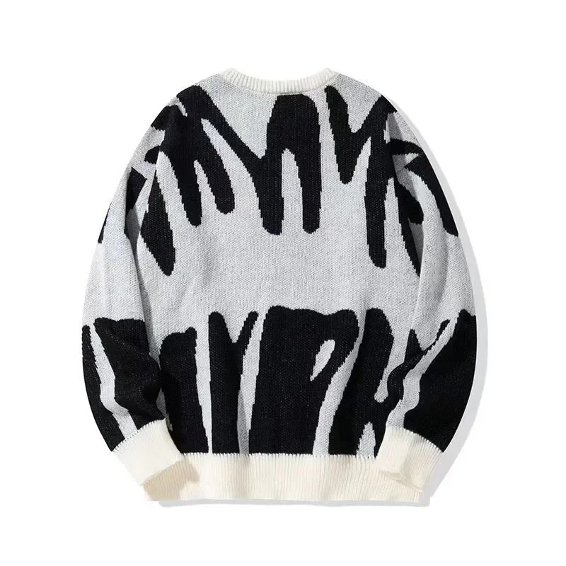 

Autumn Winter 2025 New Men Pullovers Sweaters Tops Casual Loose Splice Print Knitted Round Neck Full Sleeve Knit Simple Top