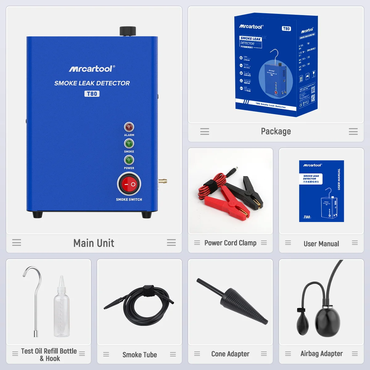 MR CARTOOL Car Smoke Leak Detector Machine T80 Auto Air Pump Fuel Pipe System Leak Locator Smog Generator Diagnostic Tool view 7