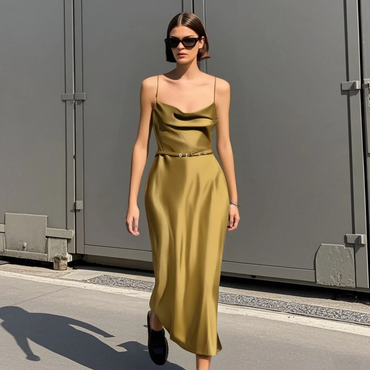 

2025 Myst&Za women's summer new dress with pleated collar and belt, silk satin texture long suspender skirt