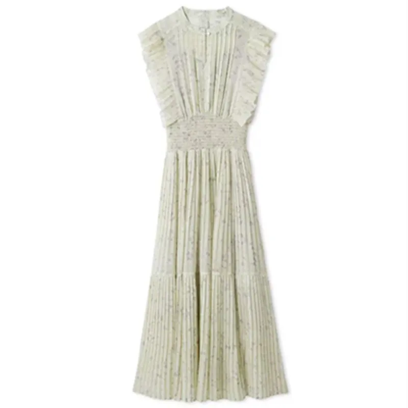 Magogo novo doce o pescoço manga voadora vestido babados chiffon impressão retalhos plissado robe japão elegante literário casual vestidos