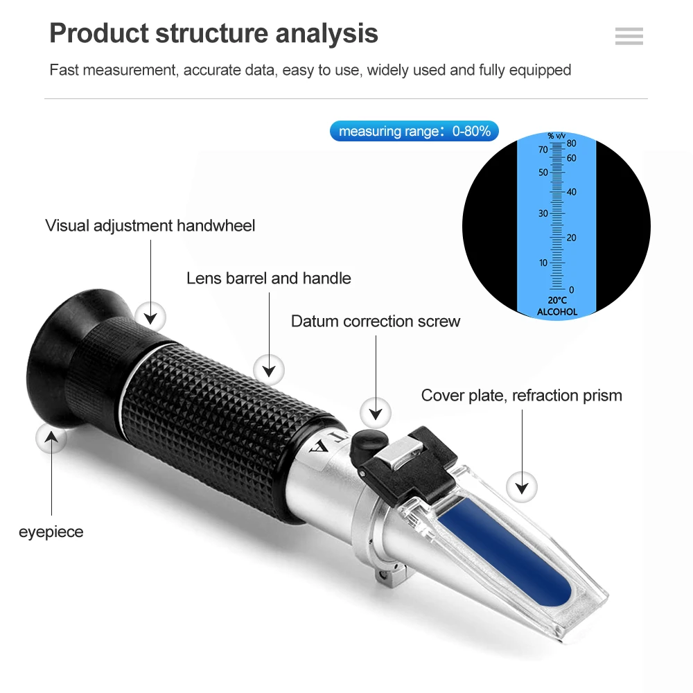 Hand Held 0-80% Baijiu Alcohol Refractometer ATC Liquor Whisky Alcohol Tester Alcohol Content Tester for Liquor Spirits