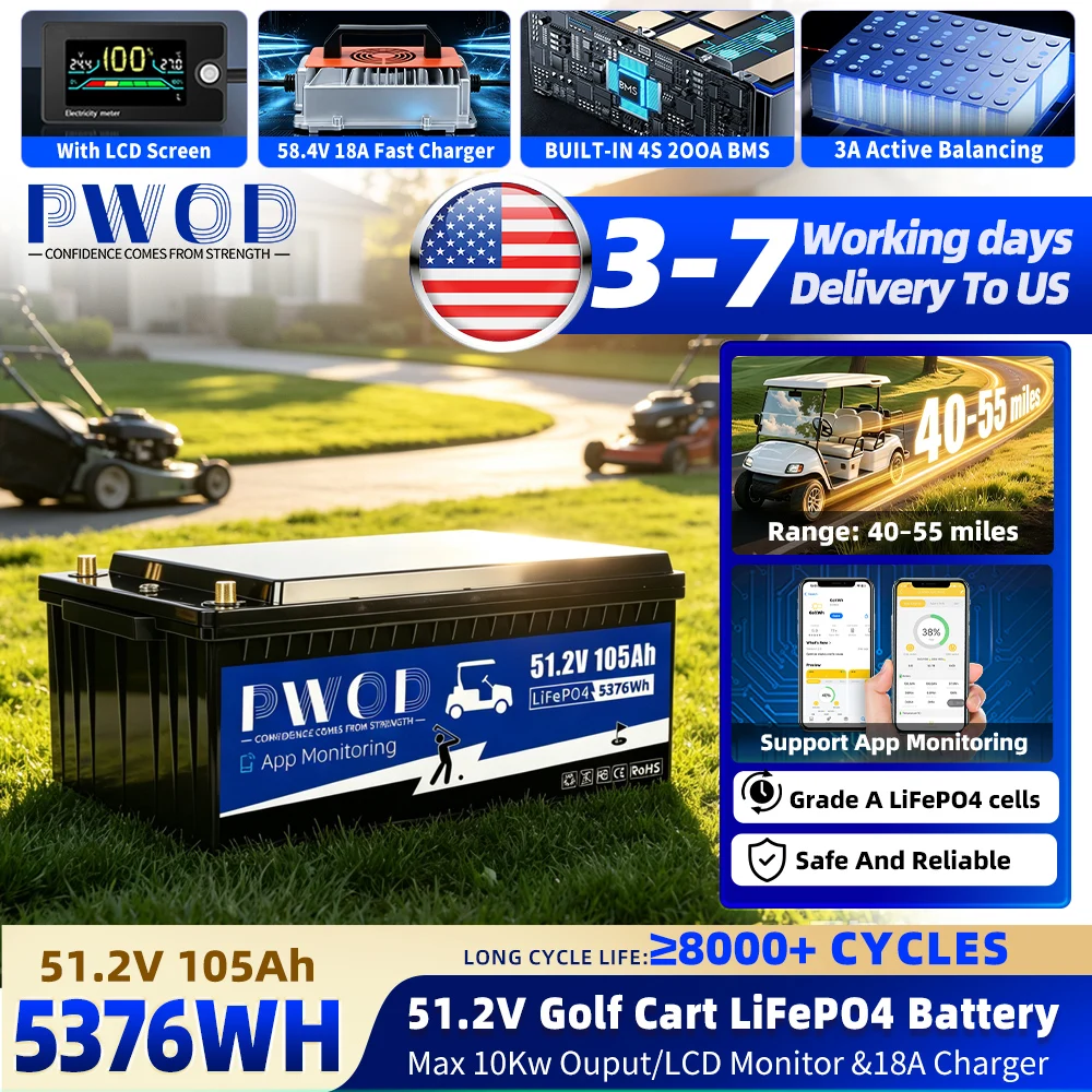 48V 100AH 105Ah LiFePO4 Lithium Golf Cart Battery with APP Monitoring, 51.2V 5376Wh Battery Built-in 200A Smart BMS, 3A Active Balancing 6000+ Cycles 48V Golf Cart