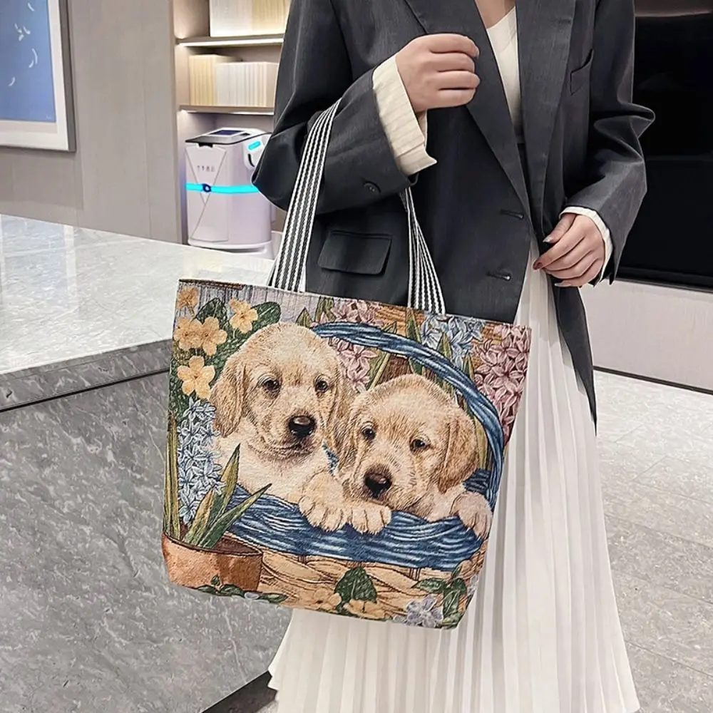 Portable Dog Ethnic Style Handbag Embroidery Canvas Cute Cat Cloth Bag Shoulder Bags Storage Bag Animal Shoulder Bag Outdoor