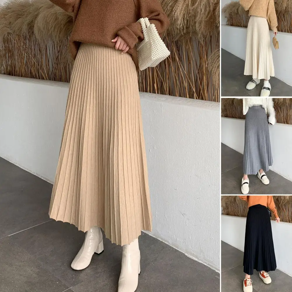 

1Pc Fashion Maxi Skirt Elegant Soft Women's High Waist Knitting Skirt Breathable A-line Pleated Long Skirt for Autumn Winter