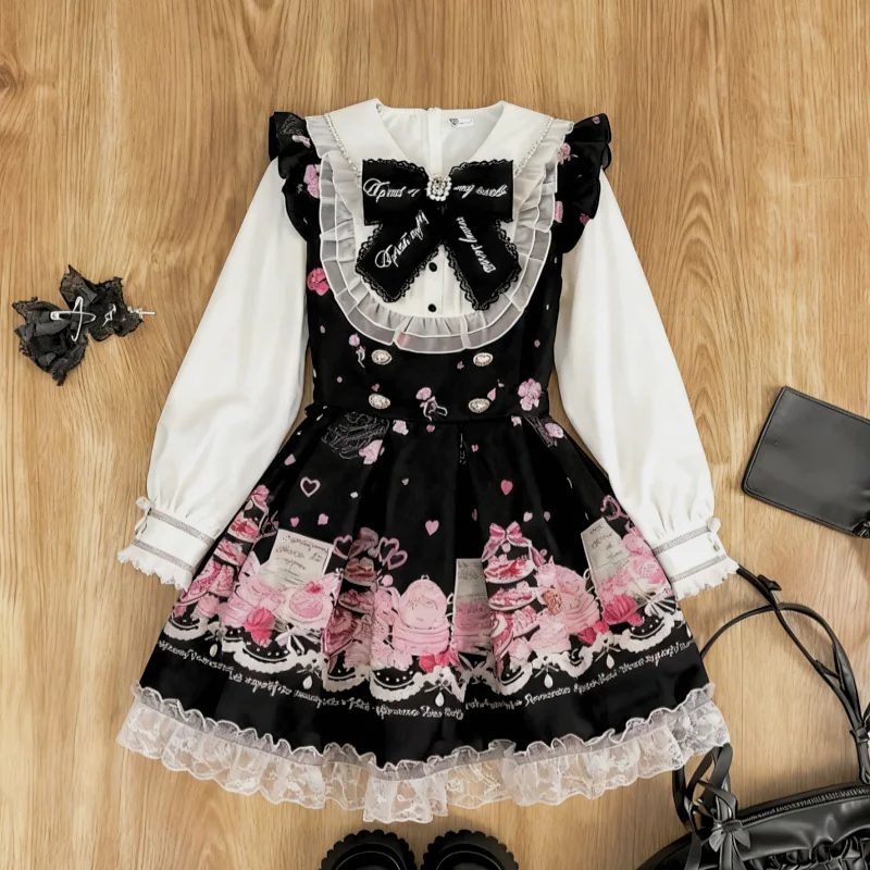 Y2k اليابانية Kawaii قطعتين مجموعات طويلة الأكمام بلوزات + تنورة قصيرة الحلو المرأة عادية لطيف طباعة القوس المرقعة 2025 جديد وصول #1