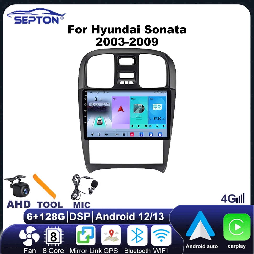 SEPTON Car Setero Radio Carplay Wireless Carplay 4G NET for Hyundai Sonata 2003-2009 Navi GPS 8core DSP Car Screen Android Auto