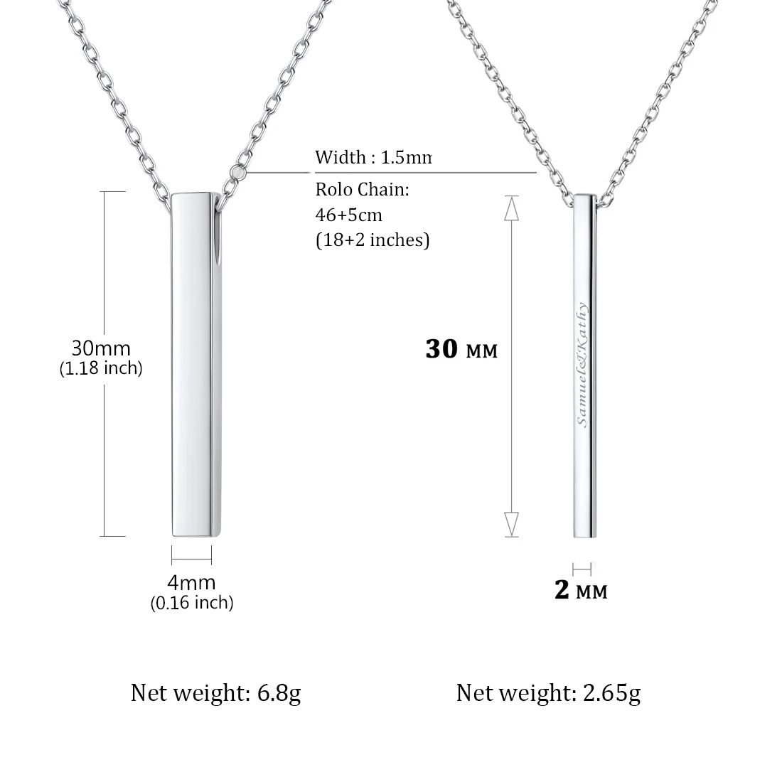 U7 Custom 925 Sterling Silver 2/4mm Vertical Bar Pendant Necklaces for Woman Personalized Name Date Coordinates Jewelry for Her