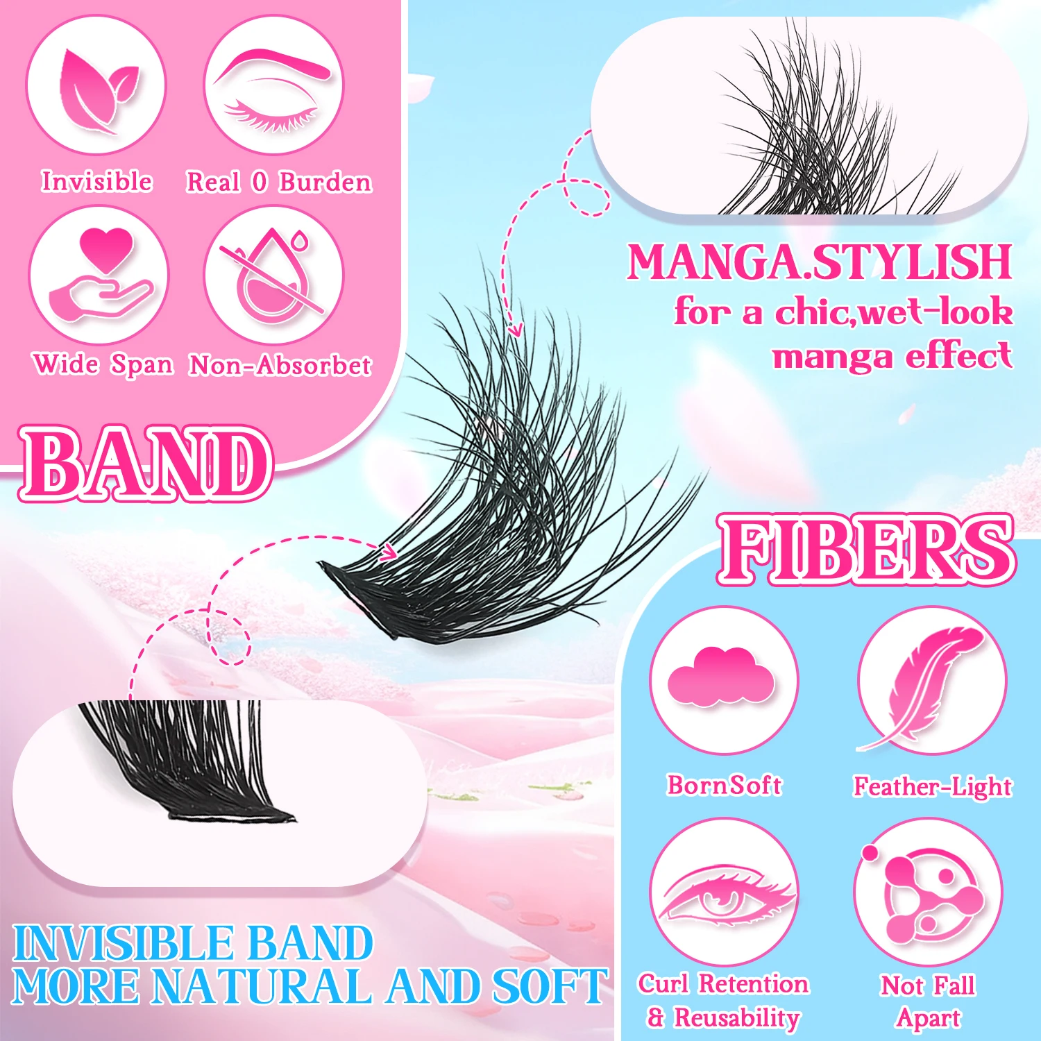 مجموعة الرموش الصناعية المكثفة الدرامية 60D-100D ثلاثية الأبعاد! رموش عين القطة الرقيقة مع أدوات مكياج للعين على طراز الرسوم المتحركة