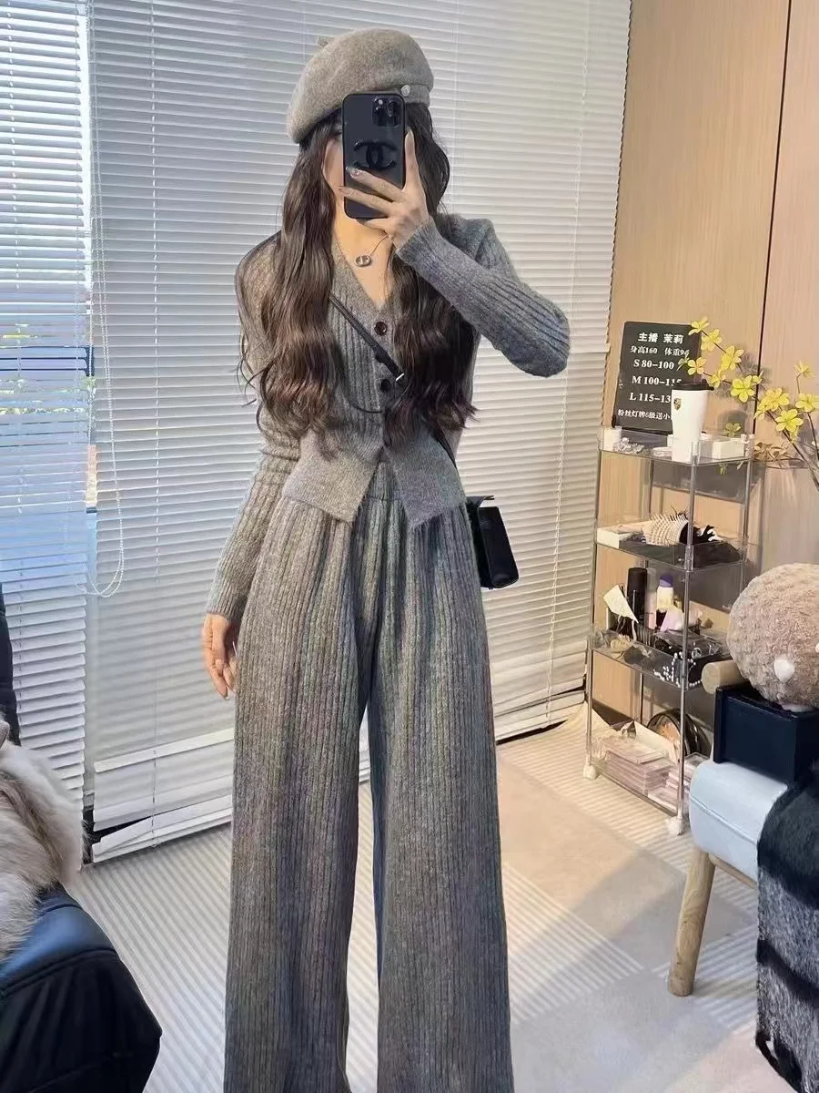 Elegant Korean 2 Piece Pant Sets Women Casual Cardigan Coats + Loose Pants Office Lady Vintage Knitted Suits Chic Outwear