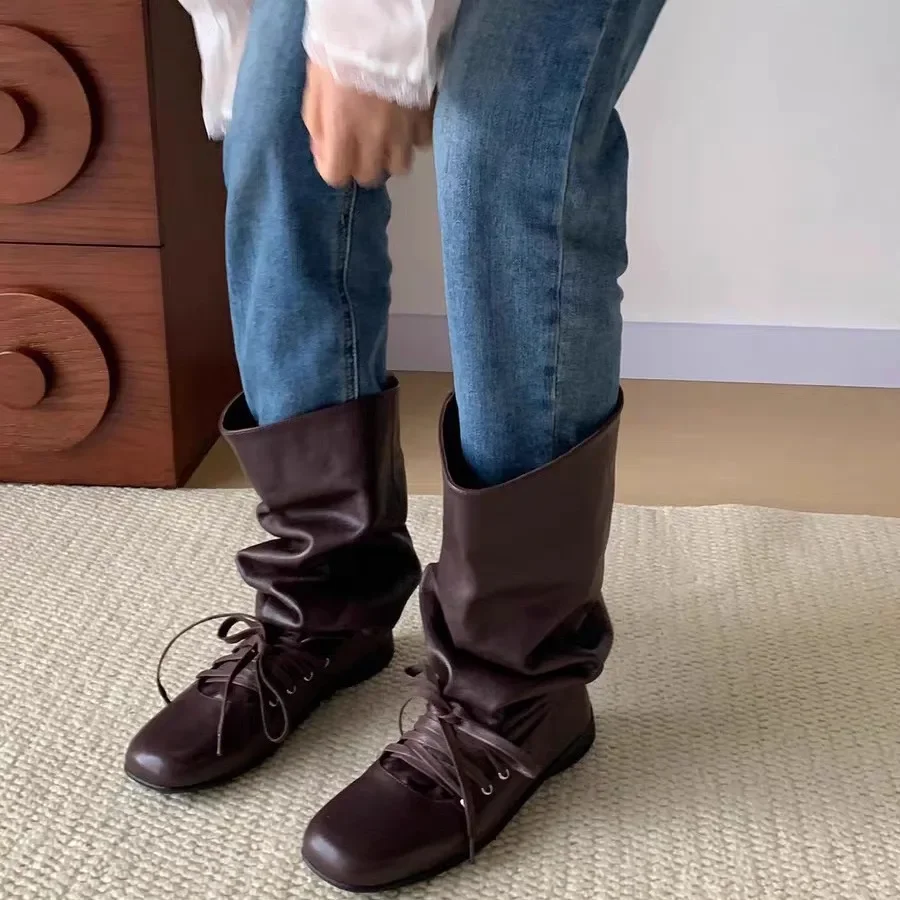 

Solid Color Style Women's Mid Calf Boots Round Toe Crude Heel Female Flat Ballet Boots Increasing Wearproof Madam Fashion Boots