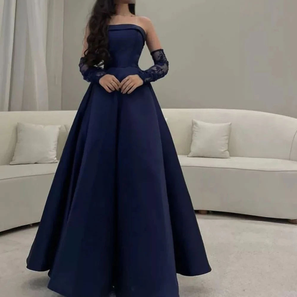 

Customized Classic Strapless Strapless Satin Lace Evening Dress Temperament Pleats Photo Color Vestido De Festa Robe de soirée