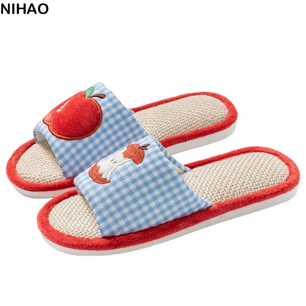 

Kawaii Strawberry House Linen Slippers Grid Stripe Flax Indoor Slippers Anti-slip Soft Sole Home Wear Shoes All Seasons