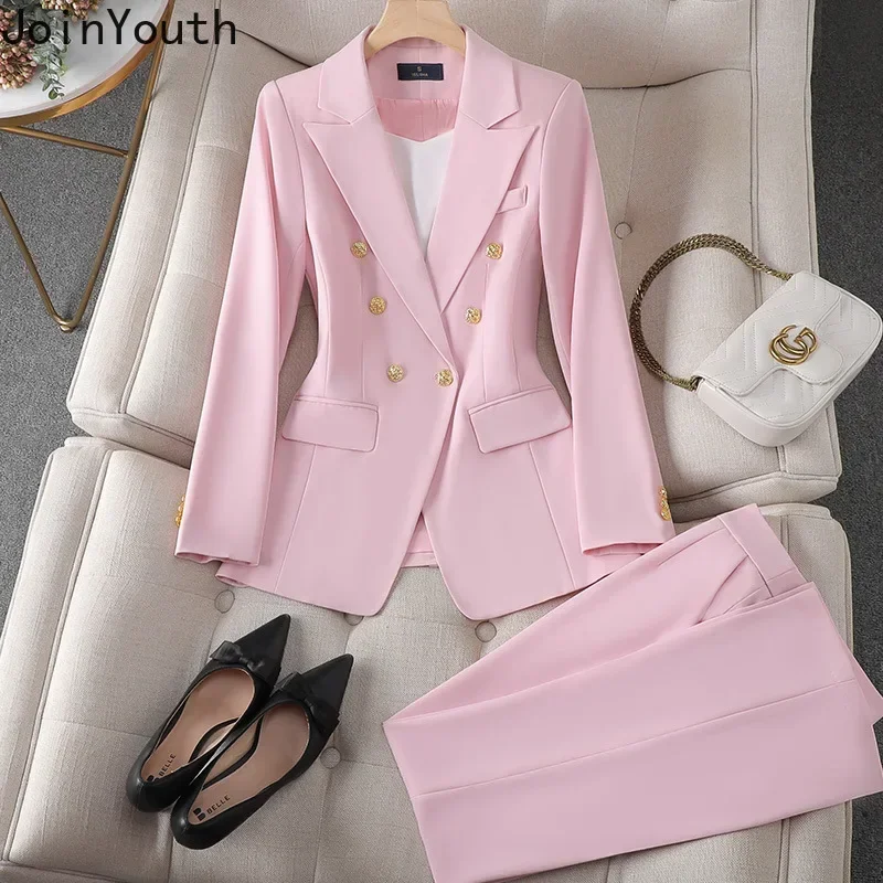 Elegant 2 Piece Set Women\'s Clothing Double-breasted  Blazer Coat High Waist Straight  Pants Suit Korean Femme Office Outfits