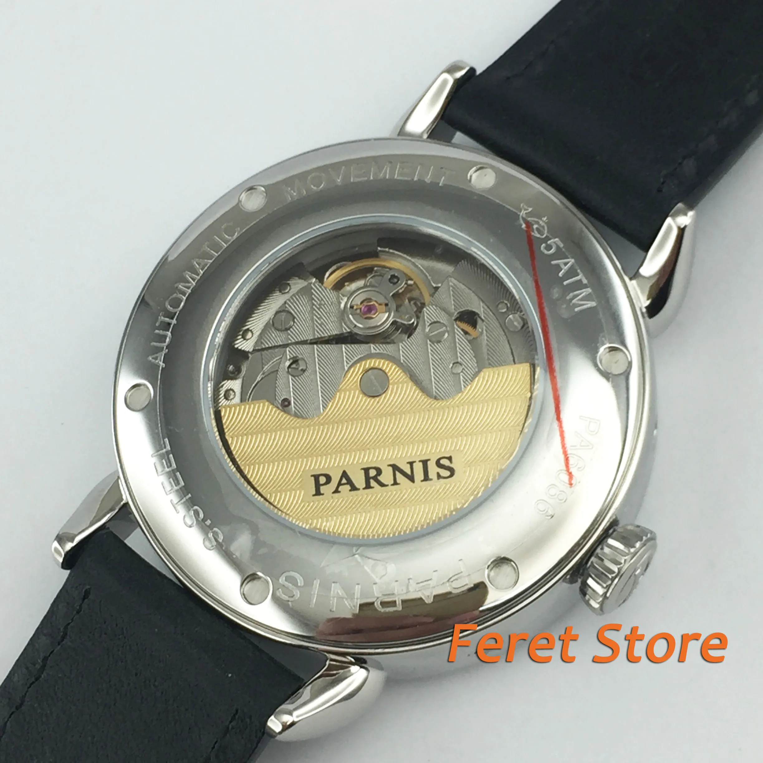 42mm PARNIS Black dial Black leather strap steel case Sapphire glass Classic Power Reserve Indicator automatic mens watch