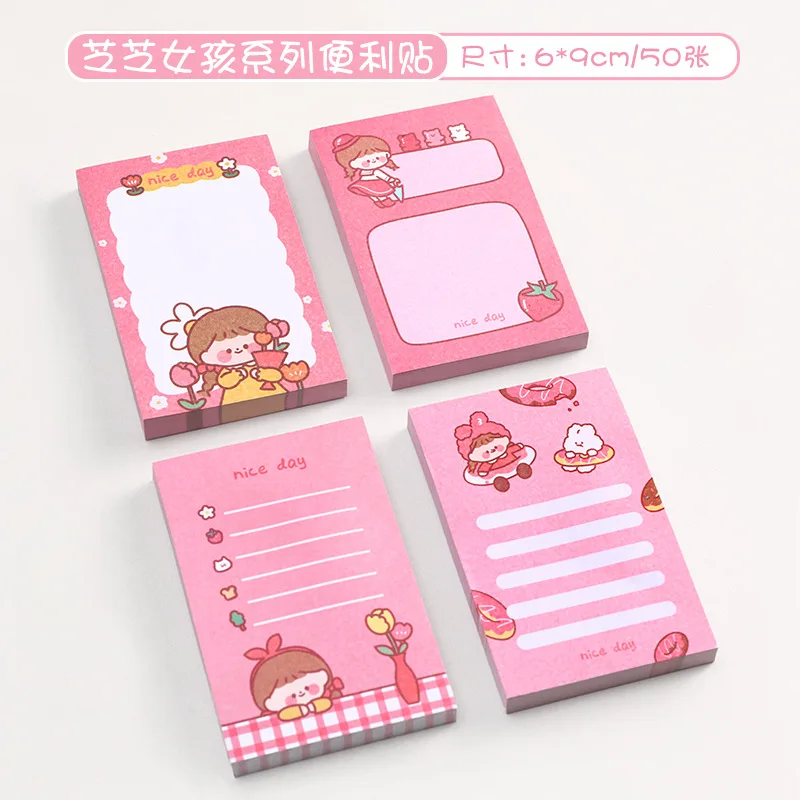 Kawaii Pink Cartoon Notepad, Cute Sticky Notes, Artigos de Papelaria Estética, Acessórios de Escritório, Papel Material, 50 Folhas