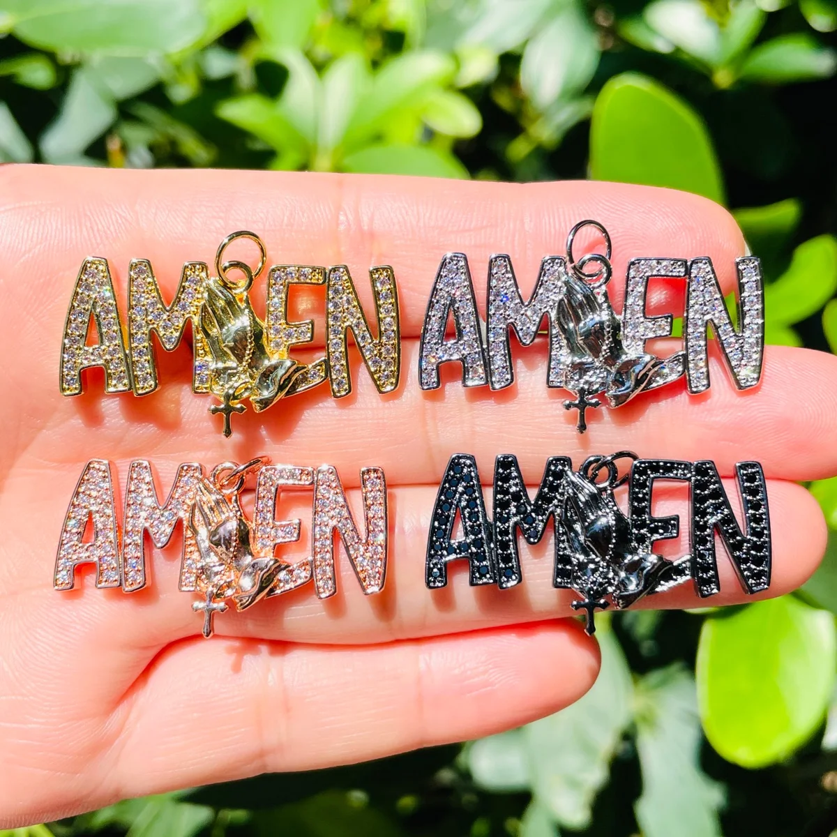 5pcs Bling Pray Hand Amen Word Charm for Women Bracelet Making Zirconia Pave Religious Pendant Necklace Handcraft Jewelry Supply