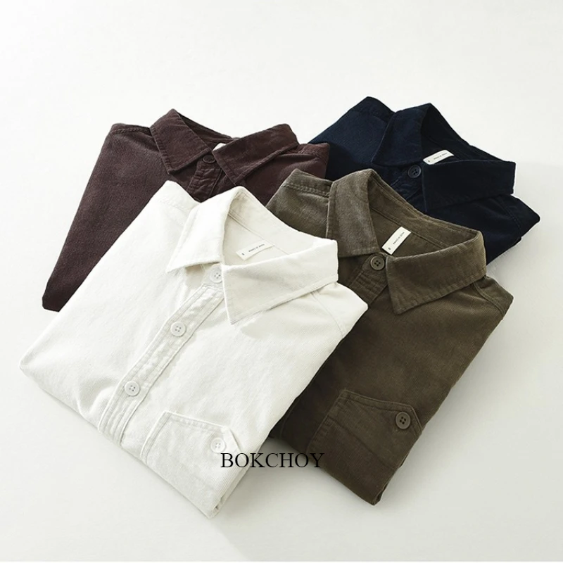 2025 خريف شتاء جديد خمر فضفاض 100% القطن سميكة سروال قصير قميص للرجال الراحة بدوره إلى أسفل طوق الذكور القمصان CM7961