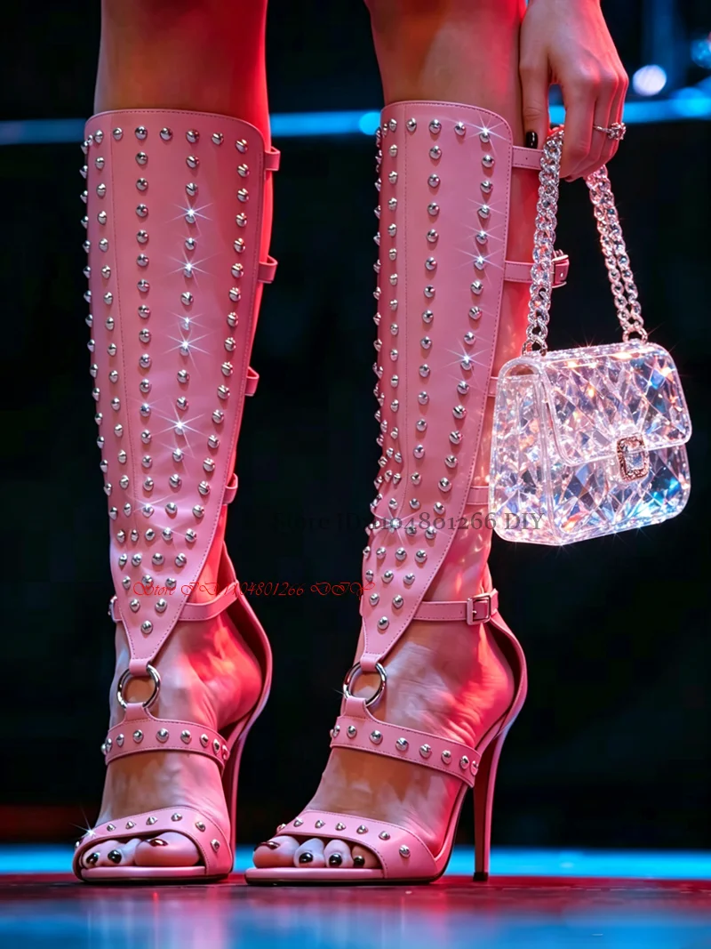 

Pink Leather Gladiator High Heel Sandals Summer Boots Stud Decor Open Toe Stiletto High Heel Sexy Party Shoes Zipper Stilettos