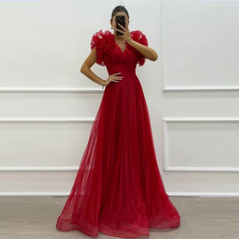 

Customized Evening Dress Prom Dearin V-neck A-line Floor Length Skirts Tulle Draped Bespoke Occasion Dresses Formal Gown Saudi A