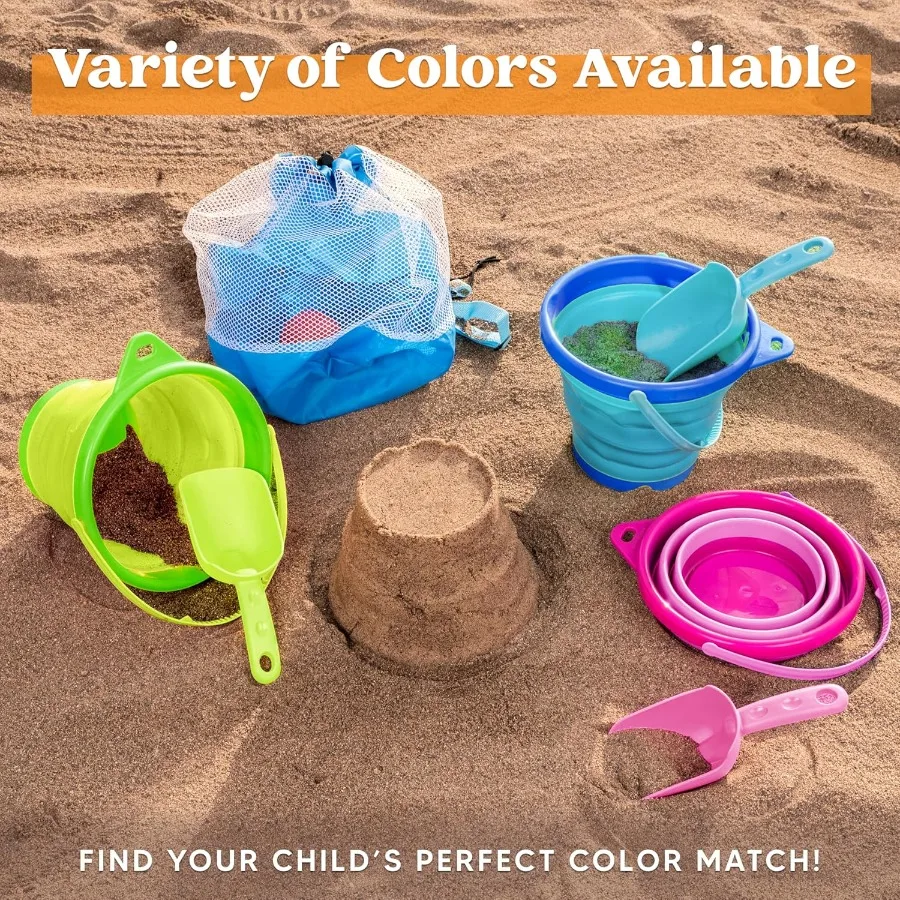 Packs Foldable Pail Bucket with Shovels & Mesh Bag, Collapsible Buckets Multi Purpose for Beach, Camping Gear, Beach Party, Fish