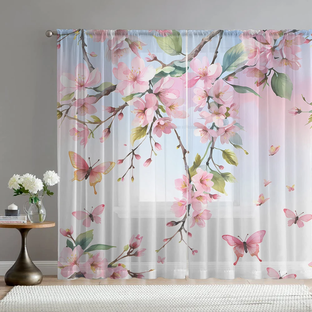 2PCS Home decoration printed window screens pink peach blossom butterfly, with pole bag curtains, suitable for kitchen, coffee s