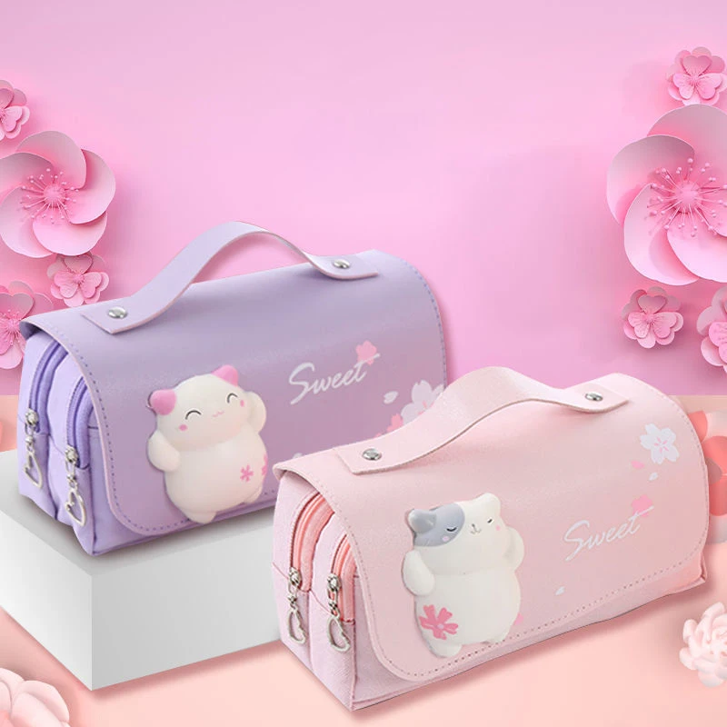 Schattige Kat Grote Capaciteit Stress Verlichtende Etui Grote Pennenbak Draagbare Meisjes Pen Tas Dubbellaags Schooltas Kawaii Tas