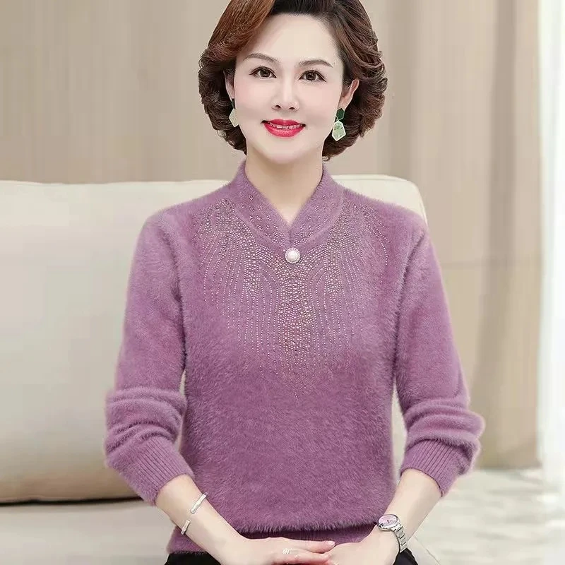 Mother Imitation Mink Cashmere Sweater New Autumn Winter Thick Elegant Sweater Middle Aged Women Pullover Knitted Jumper W2263