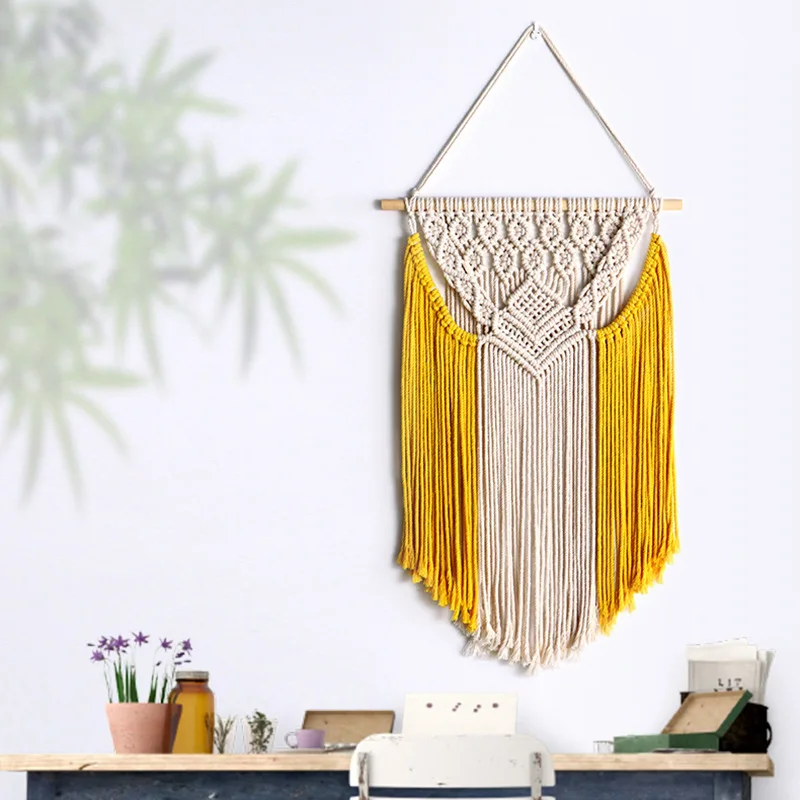 Yellow & White Macrame Wall Hanging, Handwoven Tassel Fringe Tapestry, Boho Geometric Wall Art for Bedroom Home Decor