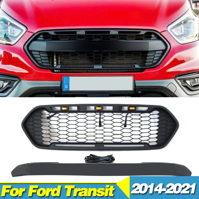 Front Grille With LED Light Auto Parts Racing Grill Modified Fits For 2014-2021 Ford Transit European version Grill