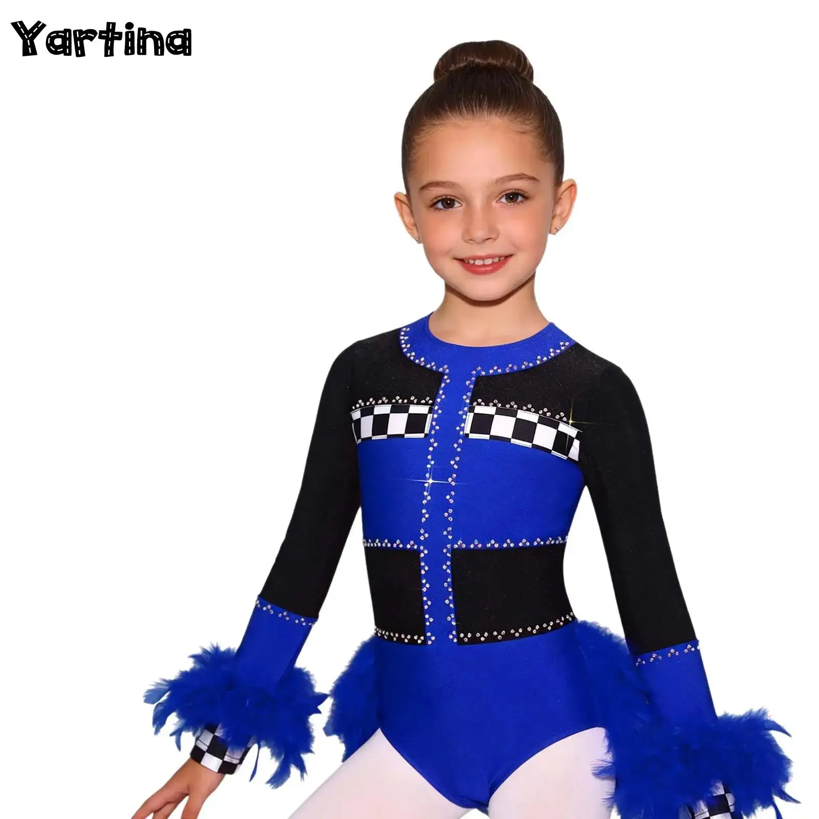 

Детский балетный трико для девочек, комбинезон для гонок и водителей, блестящие стразы, длинный рукав сзади, невидимая молния, многослойное боди с перьями