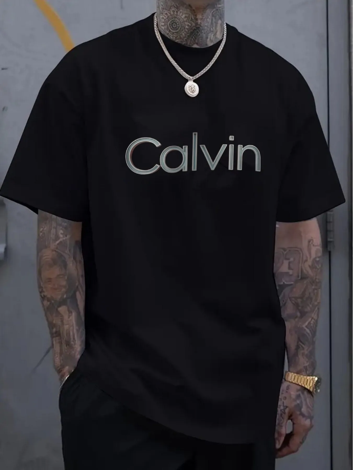 Men's Large Black T-Shirt with Calvin Logo Print-Casual Street Style Suitable for Easter, Halloween, Thanksgiving, Etc.